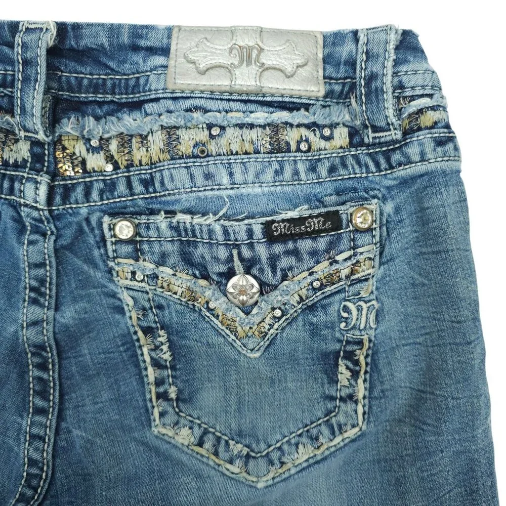 Miss Me Jeans Mid Rise Easy Boot Cut Faux Flap Size 30x29 READ Stretch Med Wash